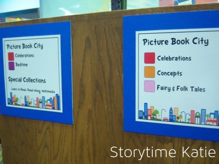 The endcap directional signs. On the other side, they run backwards -- in the order that a patron would see them if they walked in from that side of the stacks. 